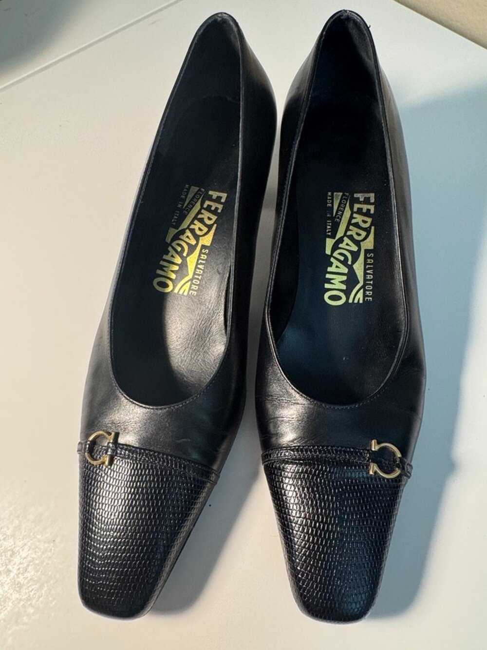 Salvatore Ferragamo Vintage Black Leather Gancini Embossed Pumps Women's Size 7B